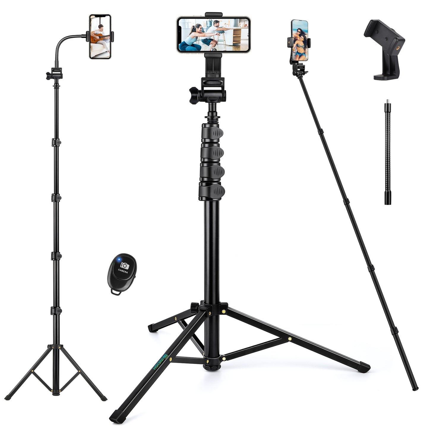 Nineigh Phone Tripod Stand, 72" Selfie Stick Tripod Portable Travel Tripods, Aluminum Hose Phone Stand Tripod for Video Recording Photo Vlog Compatible with iPhone Plus iPad Cellphone Cameras(USA)