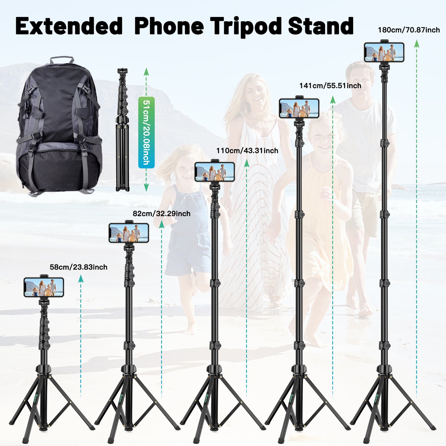 Nineigh Phone Tripod Stand, 70.87inch/180cm Extendable Selfie Stick Tripod Portable Cellphone Tripod with Phone Holder, Compatible with iPhone, Samsung, Huawei, Camera(EU)
