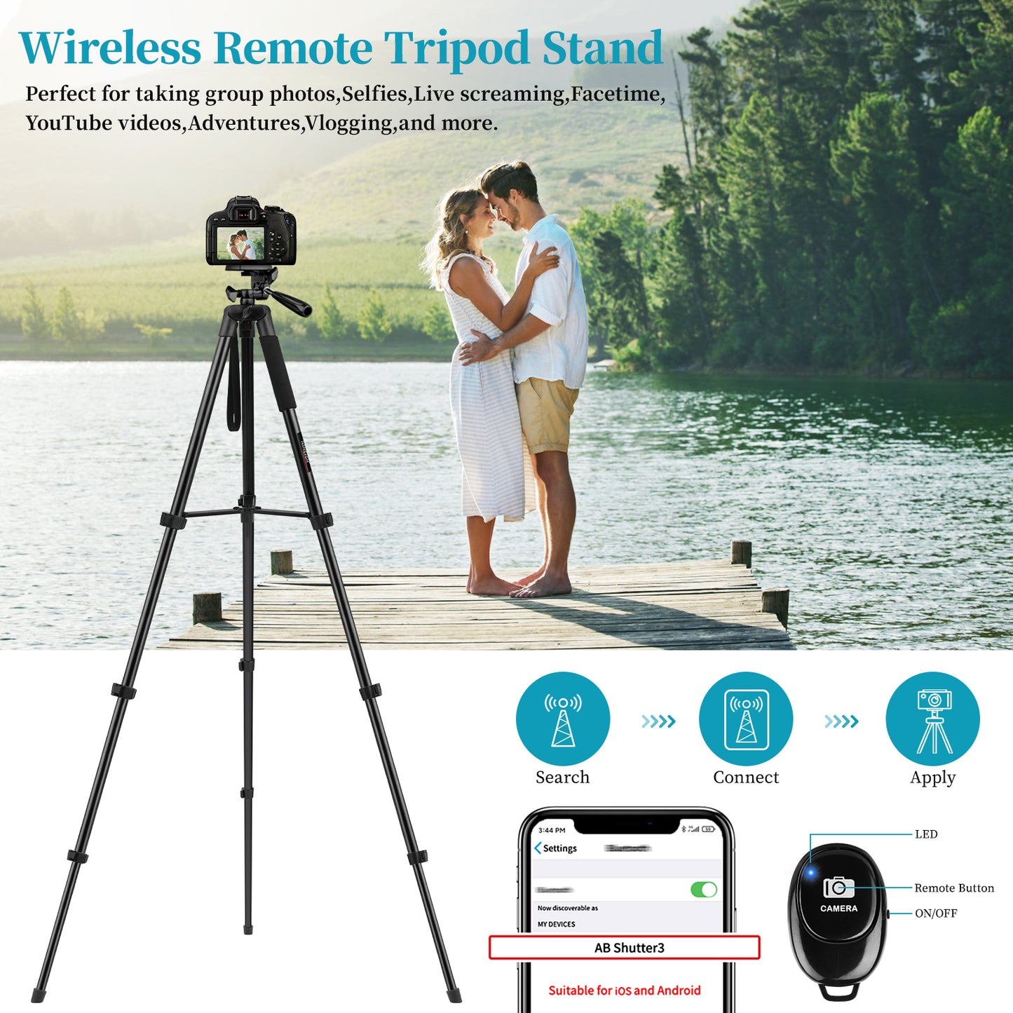Camera Tripod 65" Phone Tripod Stand for Recording Wireless Remote Selfie Stick, Travel Tripod Camera Phone Tablet for Video Recording Selfies Vlog, Compatible with iPhone Android iPad Camera(USA)