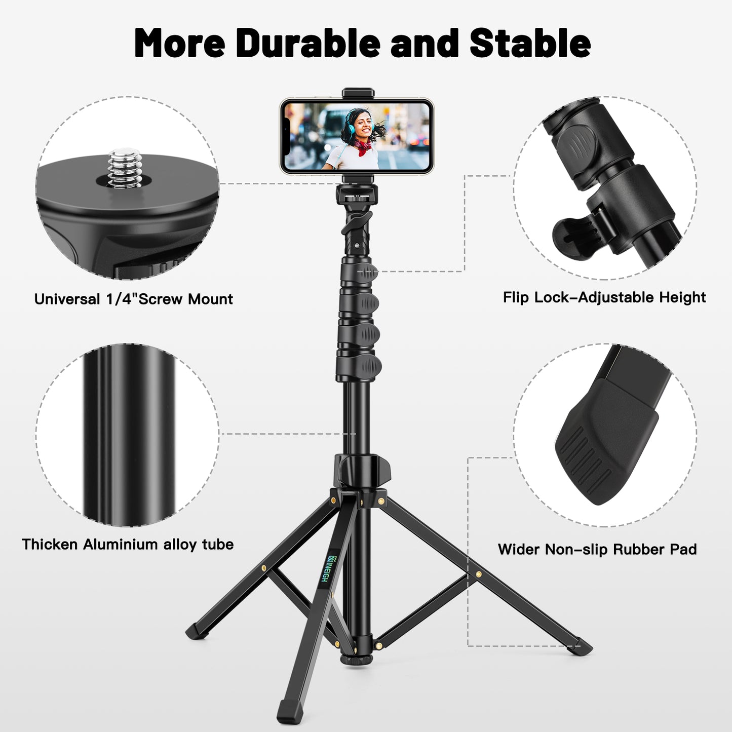 Nineigh Phone Tripod Stand, 70.87inch/180cm Extendable Selfie Stick Tripod Portable Cellphone Tripod with Phone Holder, Compatible with iPhone, Samsung, Huawei, Camera(EU)