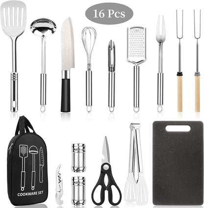 Camping Cooking Utensils Set, Stainless Steel Grill Tools, Camping BBQ Cookware Gear and Equipment for Travel Tenting RV Van Picnic Portable Kitchen Essentials Accessories(USA)