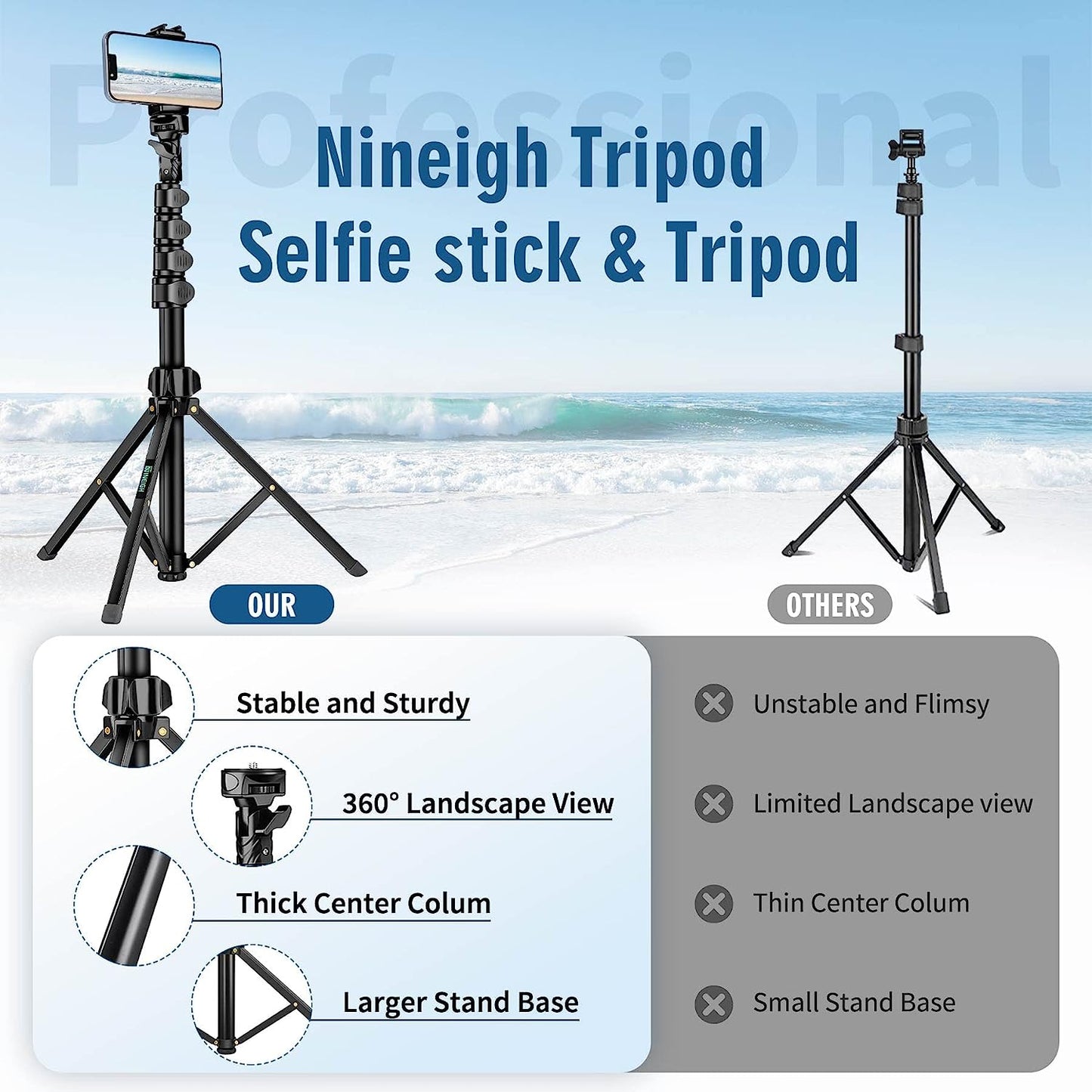 Selfie Stick Tripod, 85" Phone Tripod, Aluminum Tripod Stand for Video Recording Photo Vlog, Travel Cell Phone Tripod with Gooseneck/Remote/Phone Holder, Compatible with iPhone Android Smartphone(USA)