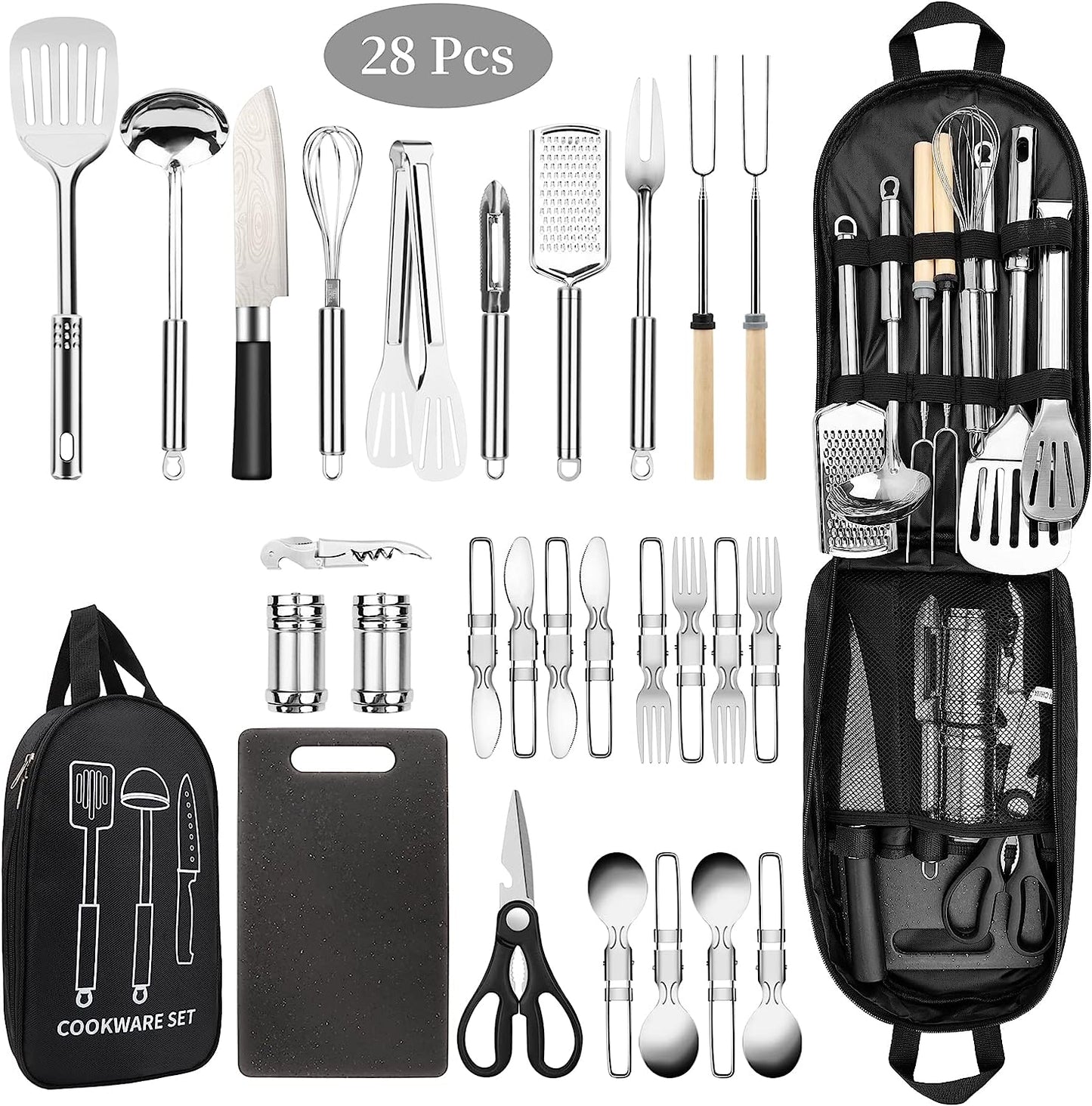 Camping Cooking Utensils Set, Stainless Steel Grill Tools, Camping BBQ Cookware Gear and Equipment for Travel Tenting RV Van Picnic Portable Kitchen Essentials Accessories(USA)